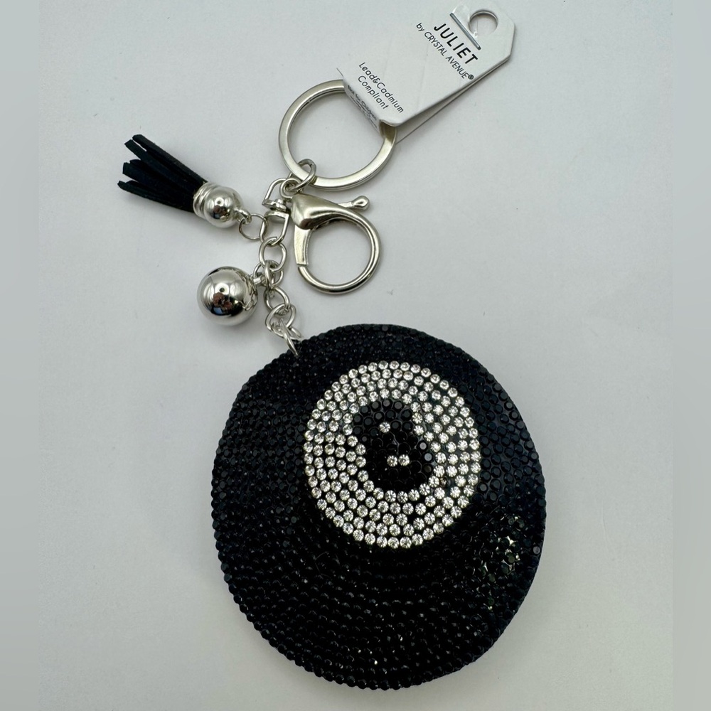 Black and Silver Rhinestone Eight Ball Puffy Bag Charm Keychain